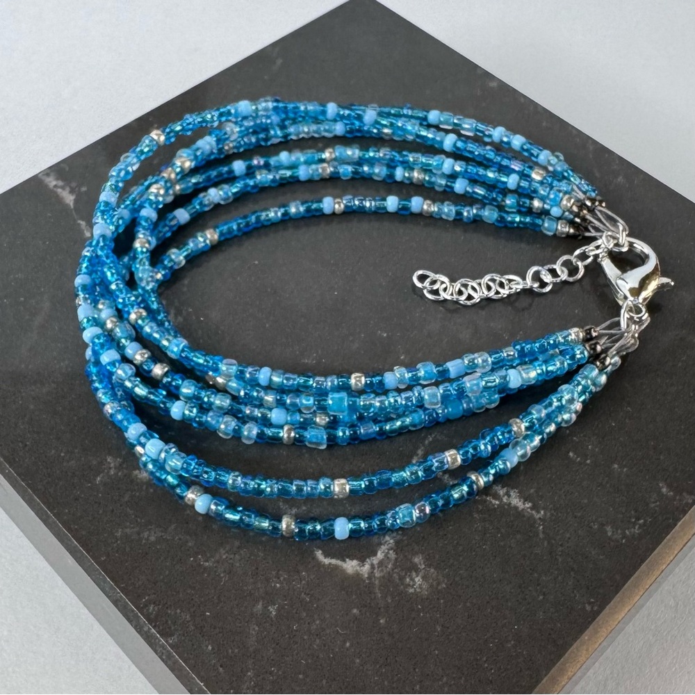HAND CRAFTED BRACELET Ocean Blue Multi-Strand Czech Glass Beaded Delicate NWT - Picture 8 of 16